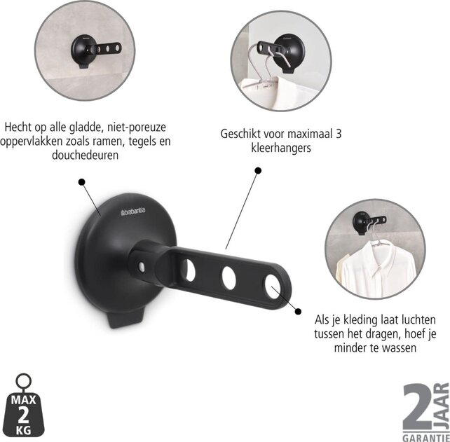 Brabantia Folding Clothes Hook - with Suction Cup - Black