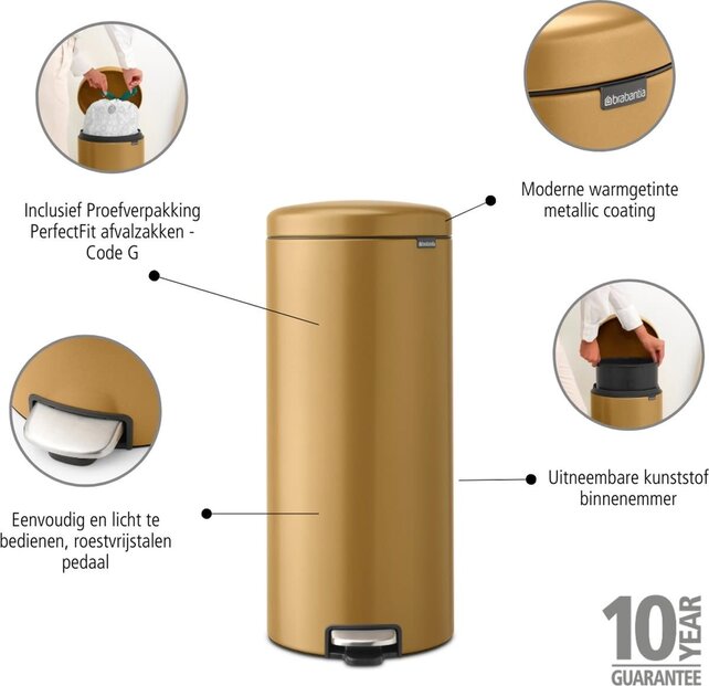 Brabantia NewIcon Afvalemmer 30L – Goud