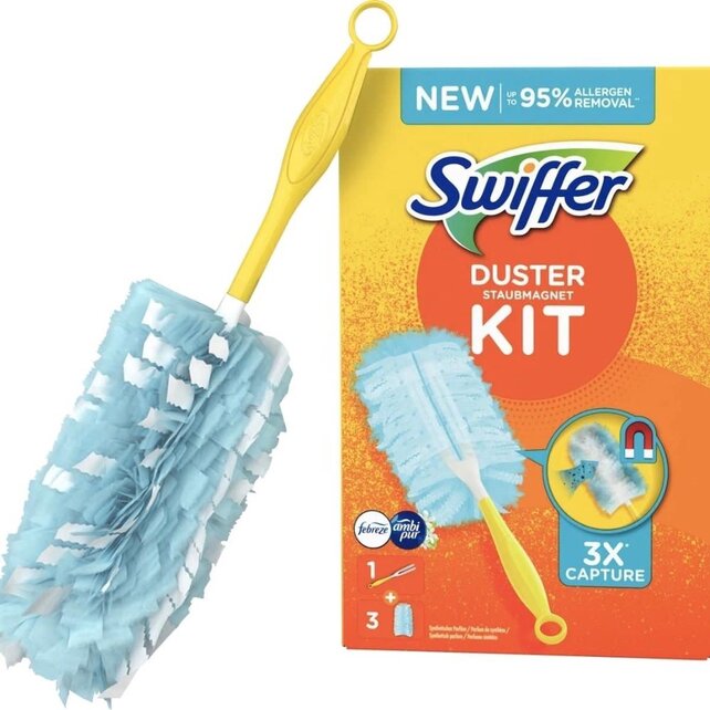 Swiffer Duster Starter Kit with Handle + 3 Blue Refills, Febreze Fresh Scent – Traps 3x More Dust & Hair