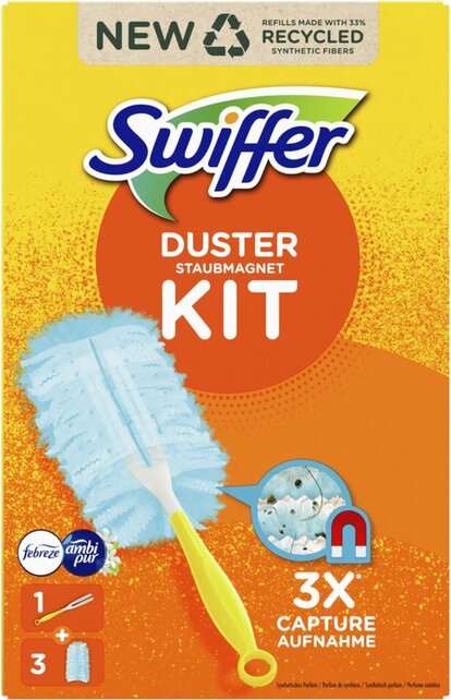 Swiffer Plumeau Starterkit met Handvat + 3 Blauwe Navullingen, Febreze Geur – Vangt 3x Meer Stof & Haren