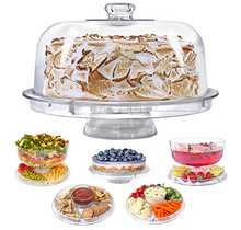 Multifunktionale Tortenplatte mit Abdeckung – 6-in-1 Servierplatte, Bowleschale & Dessertteller – Klarer BPA-freier Kunststoff