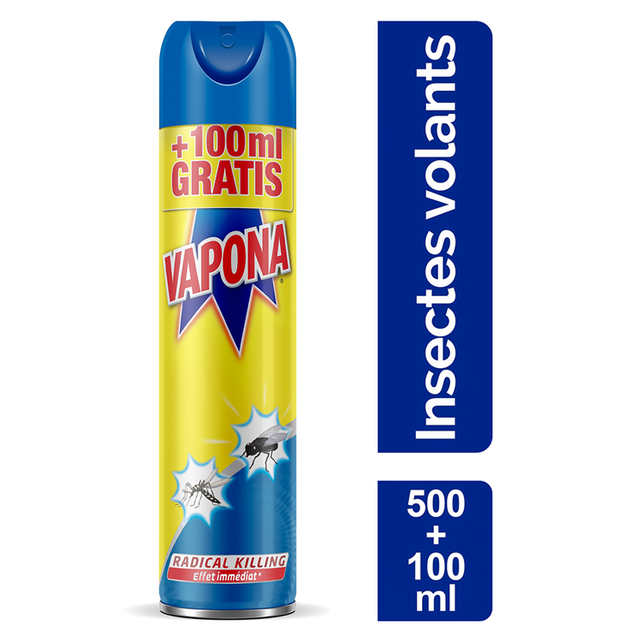 Spray Anti-Insectes Vapona 500+100ml – Élimination Rapide des Mouches, Moustiques et Papillons de Nuit