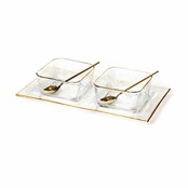 Paldinox gehamerd glas bord set met 2 kommen, goudrand en 2 gouden lepels, elegant servies