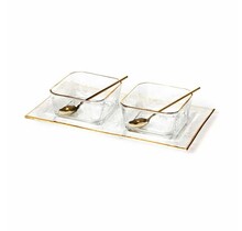 Paldinox hammered glass plate set with 2 bowls, real gold rim and 2 gold spoons, elegant tableware