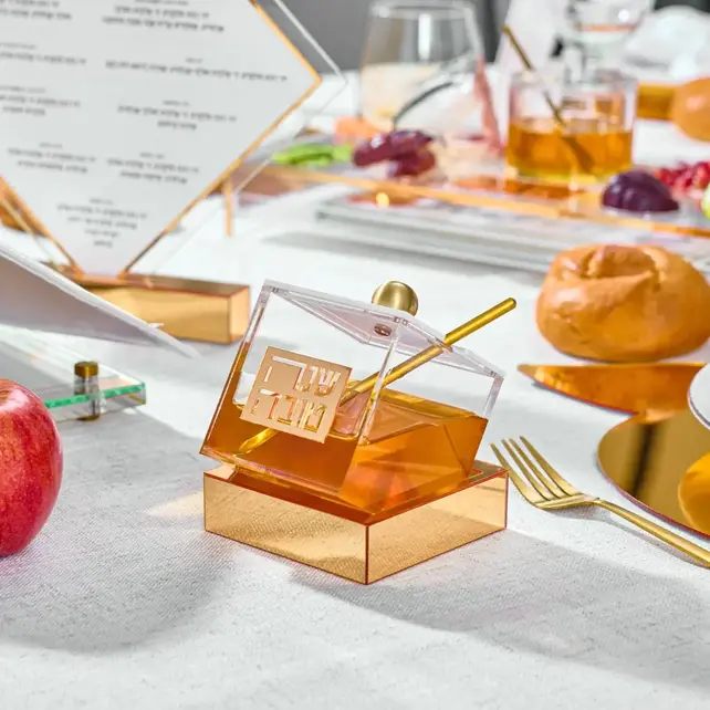 Waterdale Rosh Hashana Lucite Honigschale Tilt Design mit Löffel – Gold 10cm