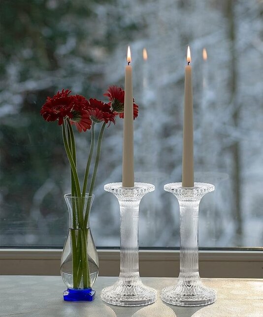 Ner Mitzvah Crystal Candle Holder Set of 2 – 18 cm Glass Candlesticks for Table Candles