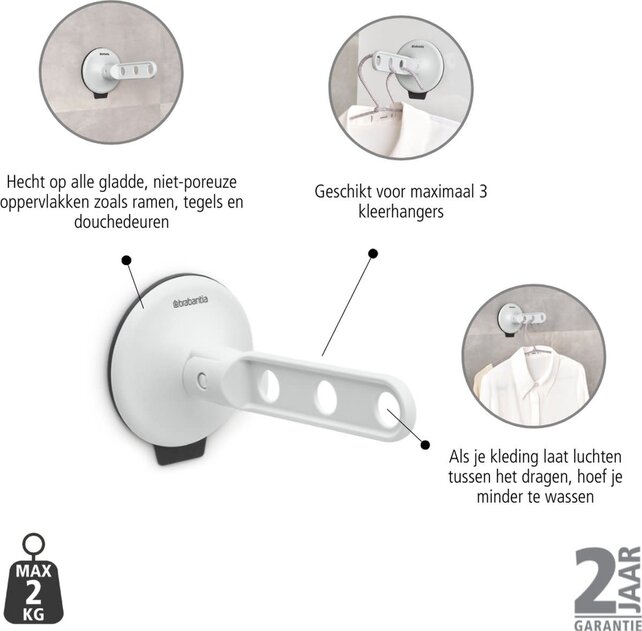 Brabantia Clothes Hook with Suction Cup – Holds 3 Hangers, Max 2 kg, Suitable for Windows, Tiles or Shower Doors, Light Grey