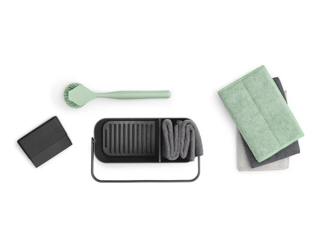Brabantia SinkSide Cleaning Set – 8-Piece, 3 Microfibre Pads, 2 Cloths, Dish Brush, Squeegee, Ergonomic Caddy, Dark Grey