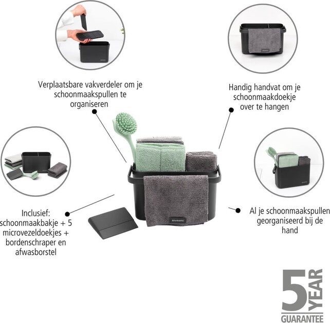 Ensemble de Nettoyage Brabantia SinkSide – 8 pièces, 3 Pads Microfibre, 2 Chiffons, Brosse à Vaisselle, Raclette, Caddy Ergonomique, Gris Foncé