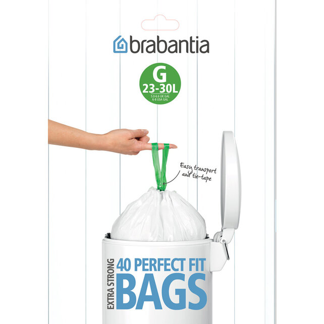 Brabantia PerfectFit Bin Bags Code G – 23-30L, 40-Pack Dispenser – Extra Strong, Easy Tie-Tape