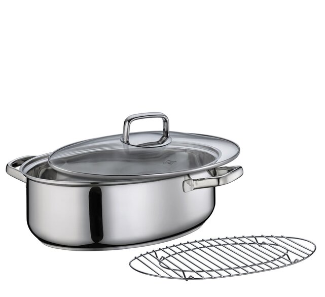 PISA Gourmet Roaster 38 cm – Stainless Steel 8.5 L, oven safe, removable grid, glass lid, induction readyDer Küchenprofi PISA Gourmetbräter eignet sich perfekt zum Braten, Schmoren, Überbacken und Dämpfen. Dank Edelstahl-Multischichtboden und