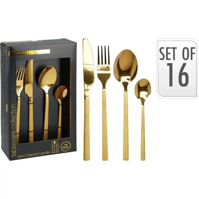 E&H Luxuriöses 16-teiliges Edelstahl-Besteckset in Gold – Stilvolles Tafelbesteck für 4