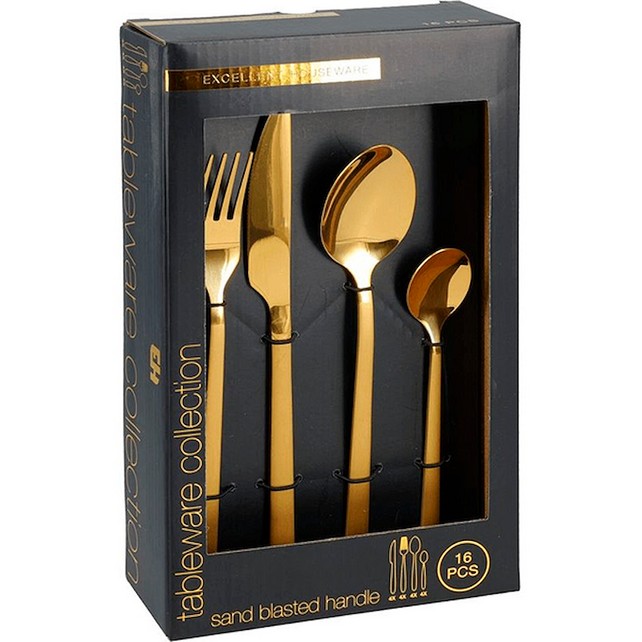 E&H Luxuriöses 16-teiliges Edelstahl-Besteckset in Gold – Stilvolles Tafelbesteck für 4