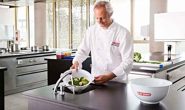 Araven Rundes Küchensieb 38 cm – Robustes & Hygienisches Polypropylen-Sieb mit Griffen