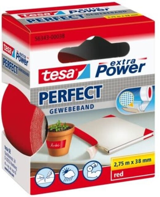 Tesa Extra Power fabric tape 38 mm red – tear-resistant & weatherproof
