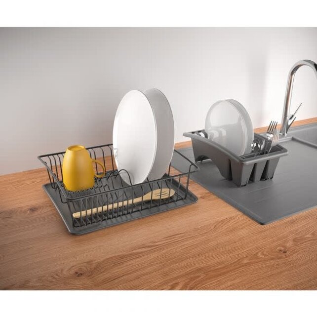 Metaltex Aquatex Plus Dish Rack Lava Black with Cutlery Holder and Drip Tray