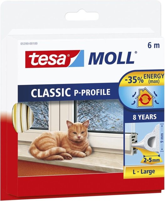Tesa moll® P-Profile Seal 6 m – Self-Adhesive Rubber Draught Excluder for Windows & Doors (2–5 mm)