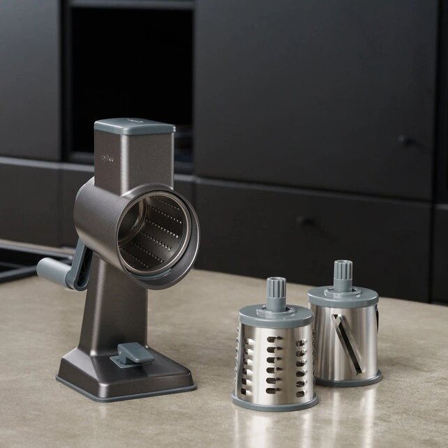 Zyliss Gourmet Trommelreibe – Robuste Aluminiumreibe mit 3 Edelstahl-Trommeln zum Reiben & Schneiden
