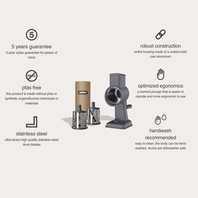 Zyliss Gourmet Trommelreibe – Robuste Aluminiumreibe mit 3 Edelstahl-Trommeln zum Reiben & Schneiden
