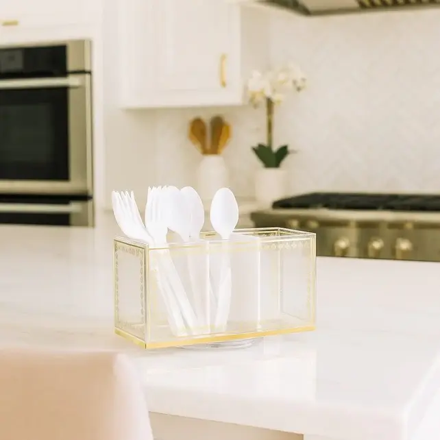 Waterdale Inspired Swivel Acrylic Silverware Caddy with 4 Compartments – 360° Rotation