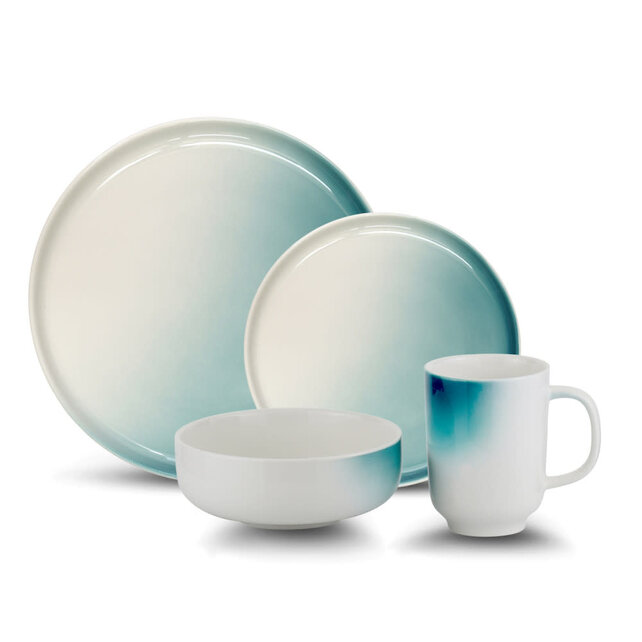 Luster Blauwgroene Porseleinen Serviesset 16-delig – Modern Servies voor 4 Personen