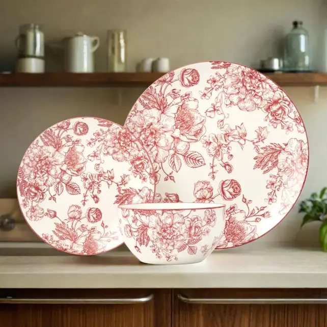 Godinger Banbury Crimson service de table en porcelaine 12 pièces – Motif floral, 4 personnes