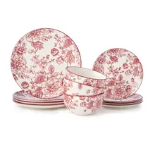 Godinger Banbury Crimson porseleinen serviesset 12-delig – Bloemenservies voor 4 personen