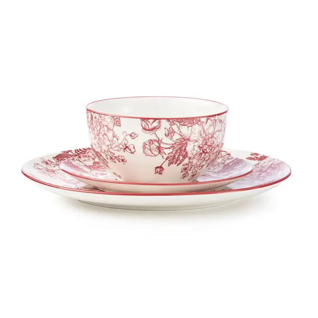 Godinger Banbury Crimson service de table en porcelaine 12 pièces – Motif floral, 4 personnes