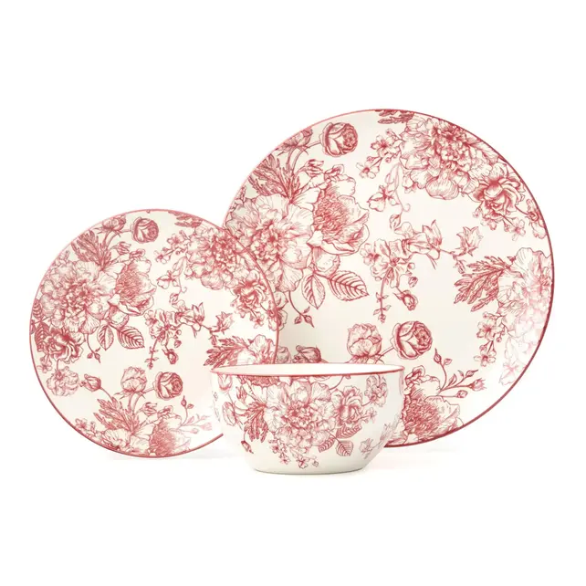 Godinger Banbury Crimson service de table en porcelaine 12 pièces – Motif floral, 4 personnes