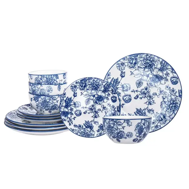 Godinger Banbury Blue Porzellan Geschirrset 12-teilig – Elegantes Tafelservice für 4 Personen