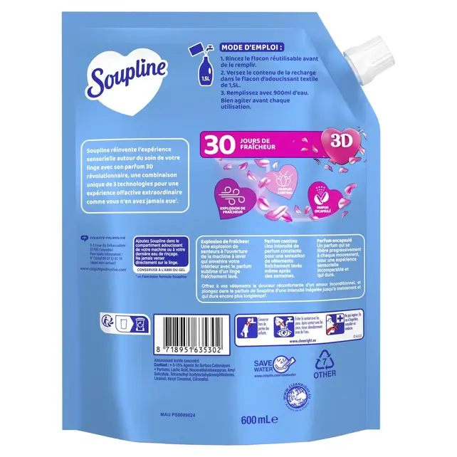 Soupline Grand Air concentrated fabric softener 600 ml eco-refill with 3D fragrance and long-lasting freshness
