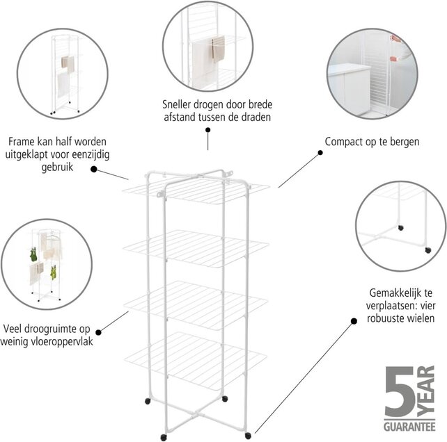 Brabantia Hang On Tower Drying Rack 30m – Foldable Clothes Airer with Wheels, 4 Levels, 25kg