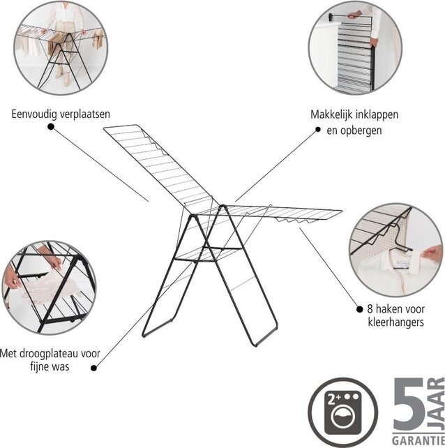 Brabantia HangOn Drying Rack 25m - Foldable Clothes Rack - Matt Black