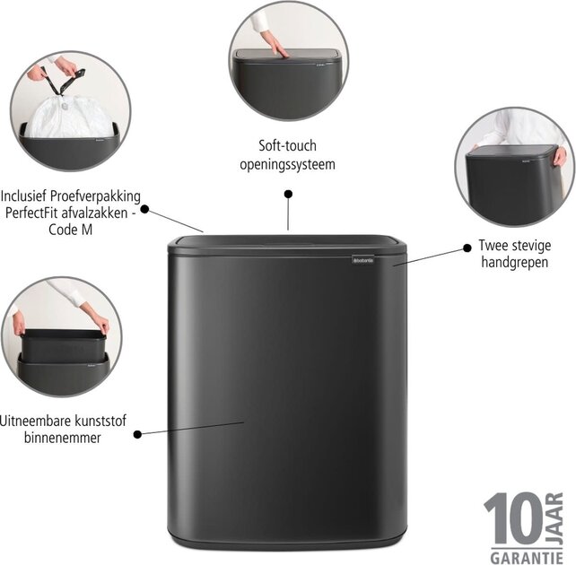 Brabantia Bo Touch Bin Waste Bin - 1 Compartment - 60 liters - Confident Grey