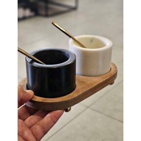 2 Marble Bowls with Spoons on Acacia Wood Tray