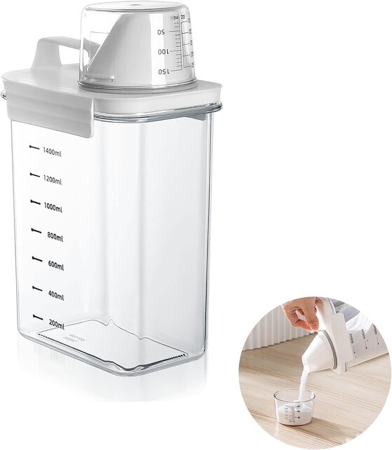 Waschmittelspender 1,8L Luftdicht – Transparenter Waschpulver Behälter mit Messbecher