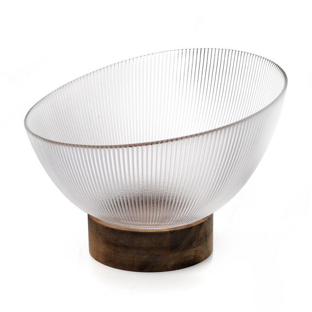 Decorative Glass Bowl with Acacia Wood Base