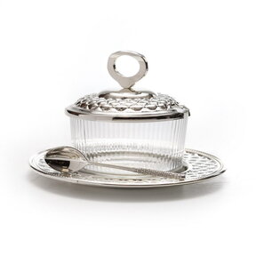 Glazen Honingpot met Lepel & Verzilverde Schotel