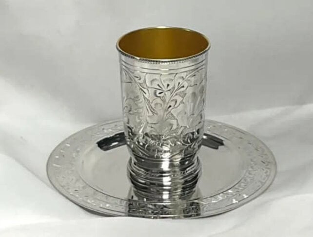 Elegant Silver Coated Kiddush Cup with Deep Tray