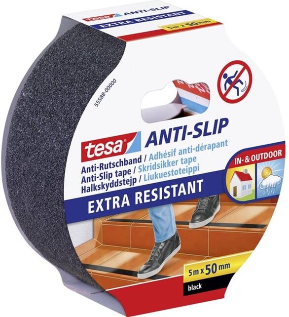 Tesa Antirutschband Schwarz 50mm x 5m – Wasserfest, UV-beständig und Stark Haftend