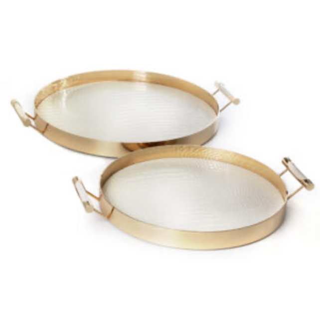 Novell Set of 2 Round White PU Trays Gold Frame 35/30 cm