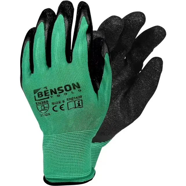 Benson Working Gloves Latex Crinkle Green Black Size 9