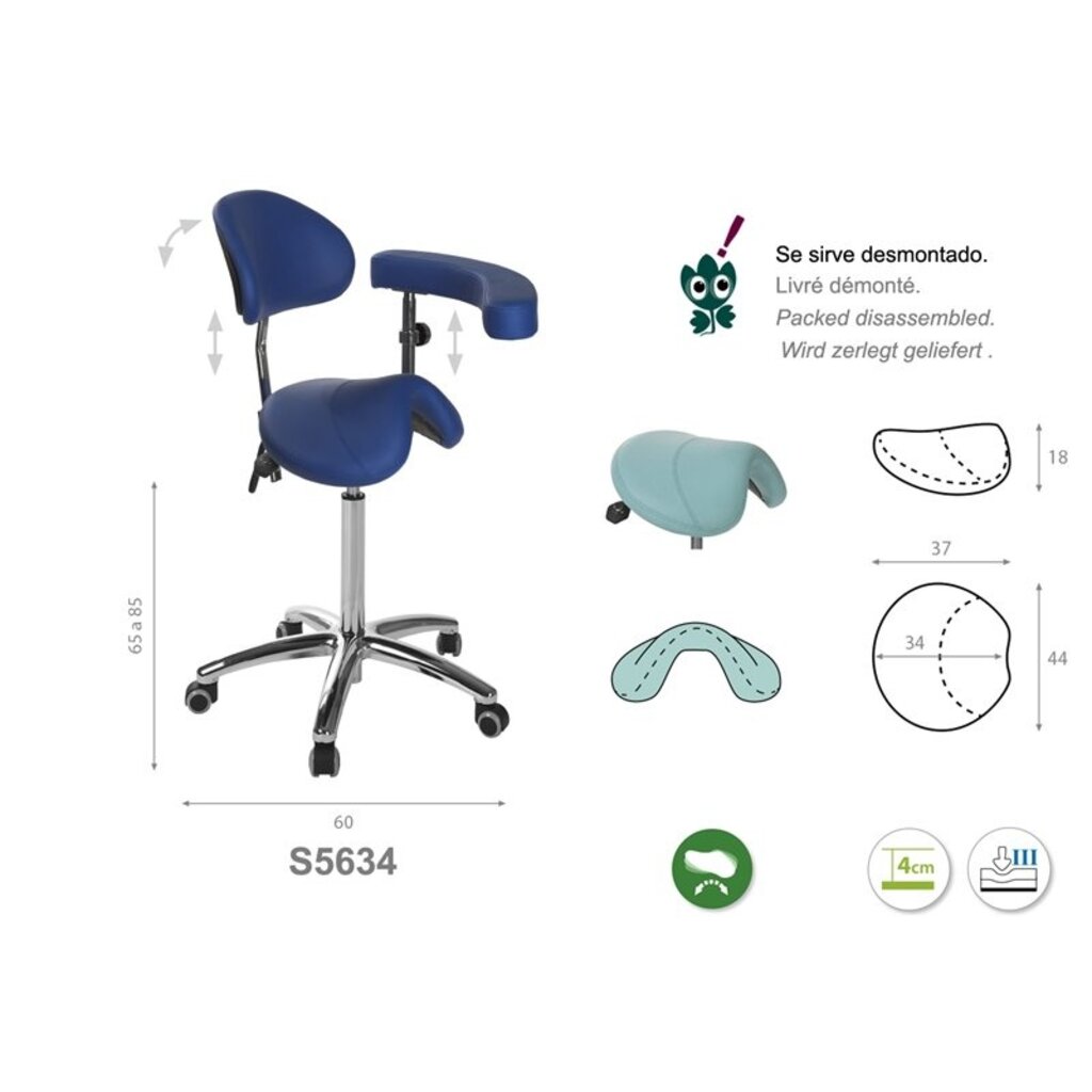 Ecopostural S5634 Tabouret selle PONY avec base en aluminium, dossier et accoudoir multifonctions