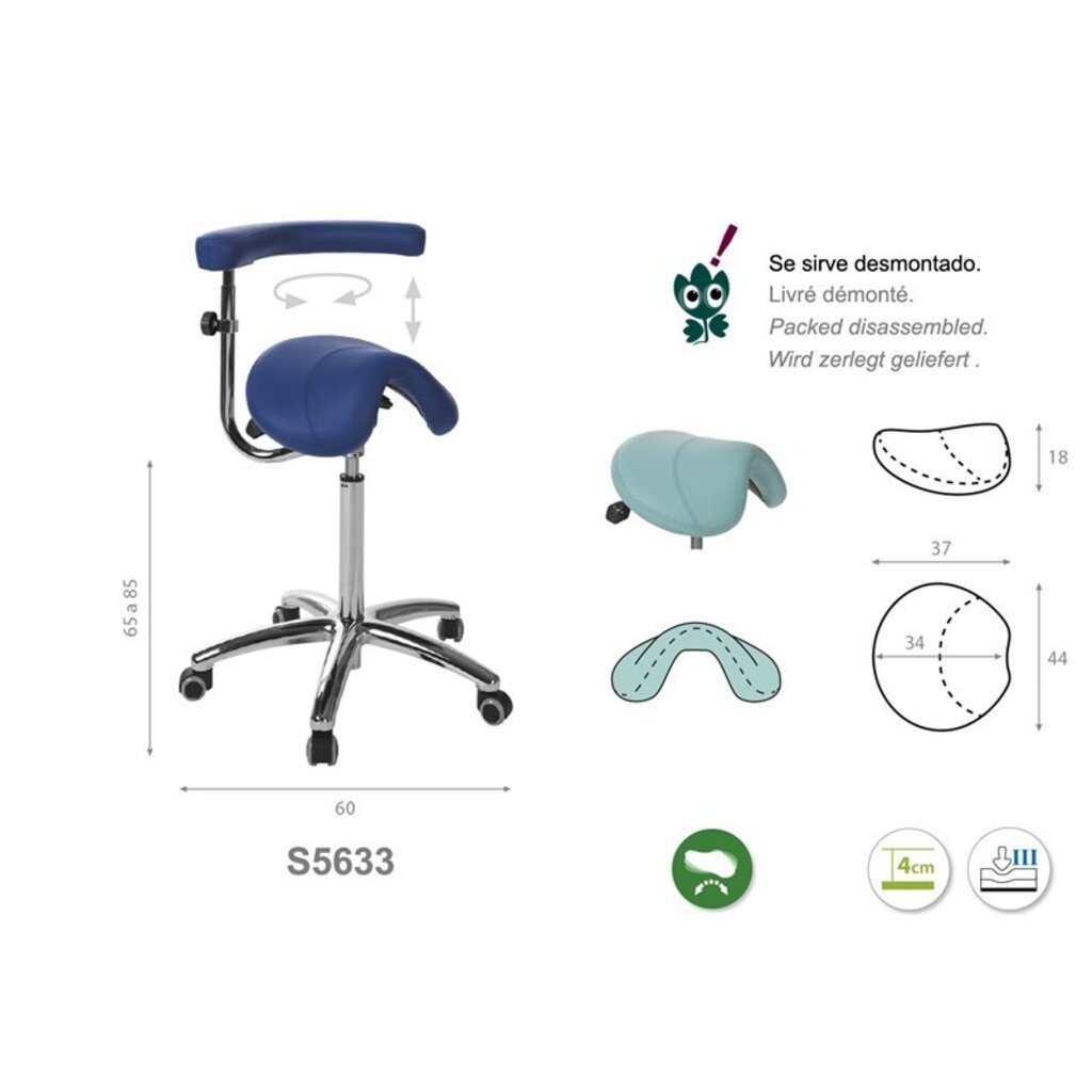 Ecopostural S5633 Tabouret selle PONY avec base en aluminium et accoudoir multifonctions