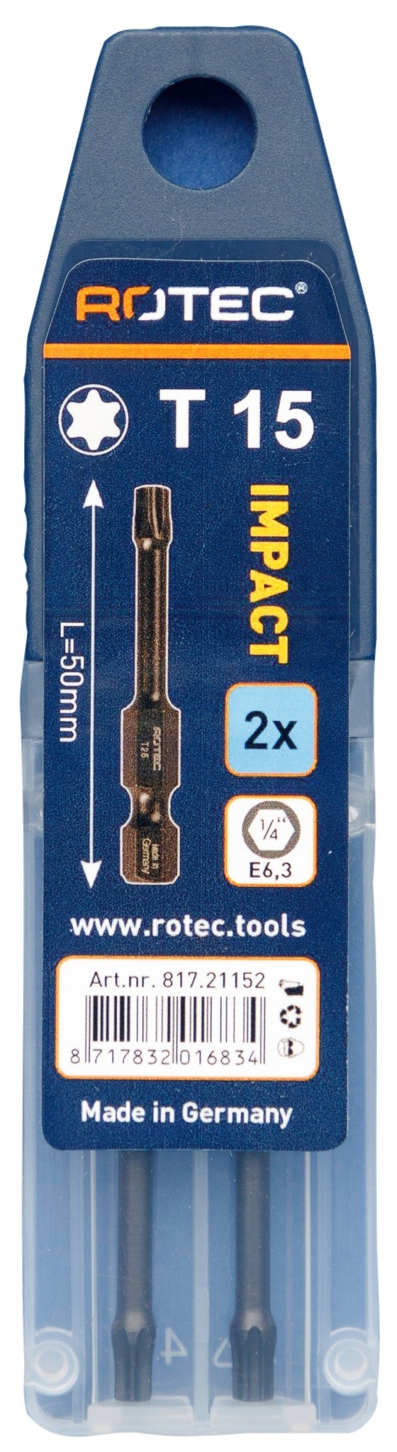 Rotec IMPACT Bit T15 (Torx) L 50 mm E6.3 2 stuks