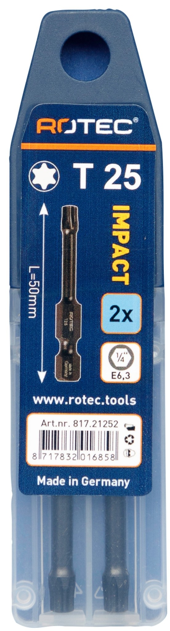 Rotec IMPACT  Bit T25 (Torx) L 50 mm E6.3  2 stuks