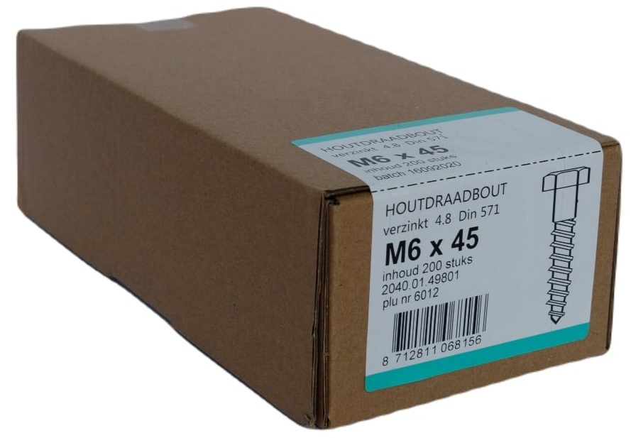 Houtdraadbout Verzinkt 4.6 DIN571 6x45 - 200 stuks