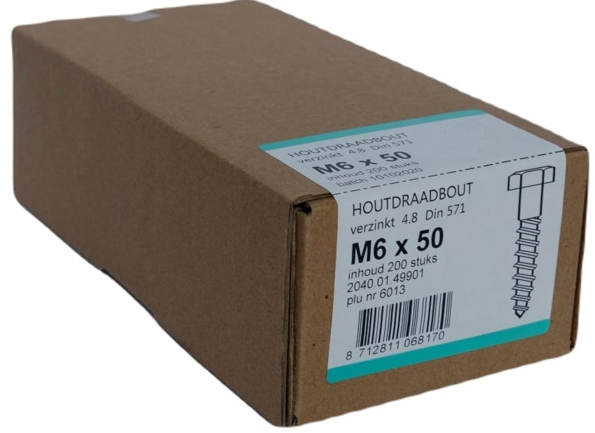 Houtdraadbout Verzinkt 4.6 DIN571 6x50 - 200 stuks