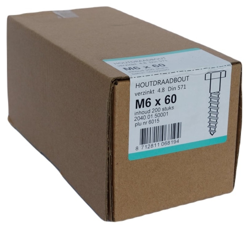 Houtdraadbout Verzinkt 4.6 DIN571 6x60 - 200 stuks