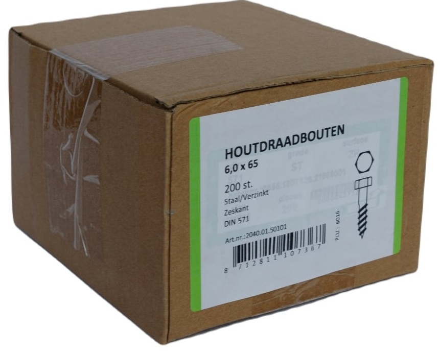 Houtdraadbout Verzinkt 4.6 DIN571 6x65 - 200 stuks
